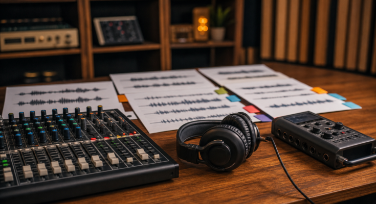 Audio mixing console and waveform review sheets representing AI music labeling workflow Audio mixing console and waveform review sheets representing AI music labeling workflow