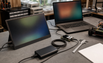 Portable monitor on a workshop bench showing engineering dashboards beside cables and field test gear