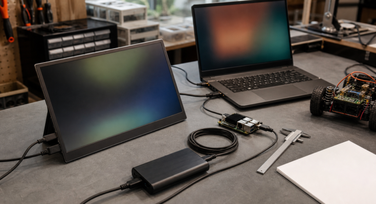 Portable monitor on a workshop bench showing engineering dashboards beside cables and field test gear Portable monitor on a workshop bench showing engineering dashboards beside cables and field test gear