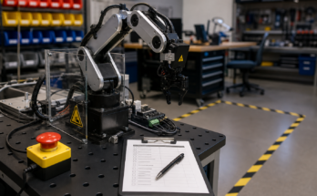 Compact robotic arm in a maker workshop with an emergency stop button and safety boundary markings