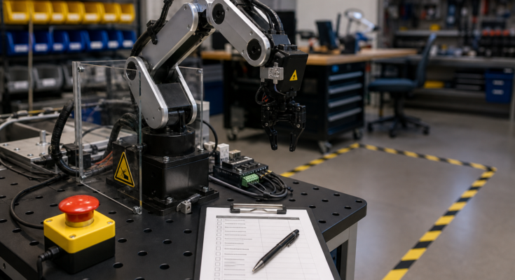 Compact robotic arm in a maker workshop with an emergency stop button and safety boundary markings