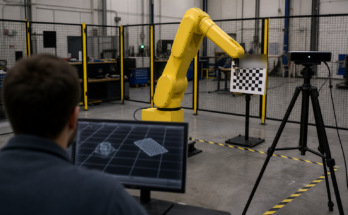 Unbranded industrial robot arm calibration setup with checkerboard target, depth camera, safety fencing, and simulation workstation
