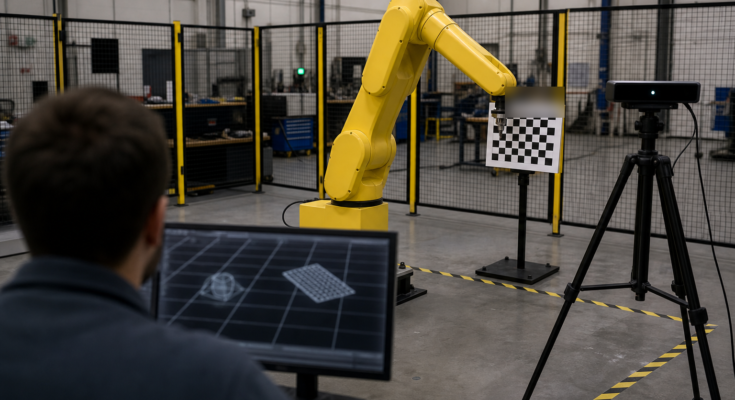 Unbranded industrial robot arm calibration setup with checkerboard target, depth camera, safety fencing, and simulation workstation Unbranded industrial robot arm calibration setup with checkerboard target, depth camera, safety fencing, and simulation workstation