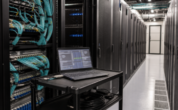 Neutral data center aisle with server racks, fiber cables, and a laptop cart for AI infrastructure operations