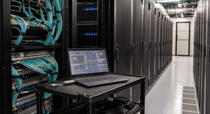 Neutral data center aisle with server racks, fiber cables, and a laptop cart for AI infrastructure operations Neutral data center aisle with server racks, fiber cables, and a laptop cart for AI infrastructure operations
