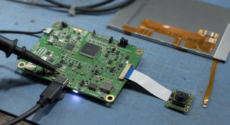 Macro electronics bench view of a generic multimedia microcontroller board with camera module, ribbon cable, and test probe Macro electronics bench view of a generic multimedia microcontroller board with camera module, ribbon cable, and test probe