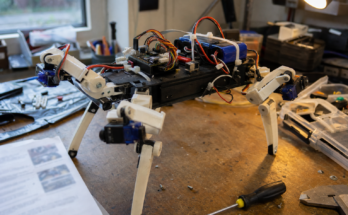 Small 3D-printed quadruped robot prototype with hobby servos, wiring, tools, and build notes on a maker workbench