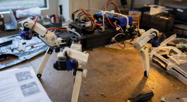 Small 3D-printed quadruped robot prototype with hobby servos, wiring, tools, and build notes on a maker workbench Small 3D-printed quadruped robot prototype with hobby servos, wiring, tools, and build notes on a maker workbench