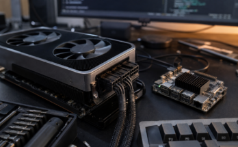 Compact local AI workstation with GPU hardware, power cables, development board, and blurred code display