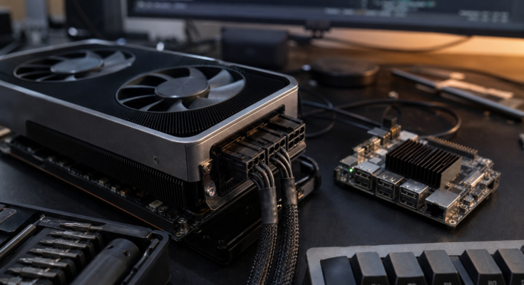Compact local AI workstation with GPU hardware, power cables, development board, and blurred code display Compact local AI workstation with GPU hardware, power cables, development board, and blurred code display