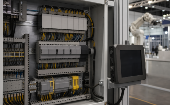 Unbranded industrial control cabinet with PLC modules, safety wiring, and automation hardware on a tradeshow-style floor