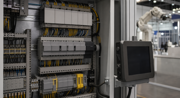 Unbranded industrial control cabinet with PLC modules, safety wiring, and automation hardware on a tradeshow-style floor Unbranded industrial control cabinet with PLC modules, safety wiring, and automation hardware on a tradeshow-style floor