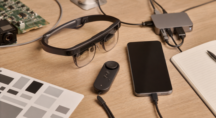 Developer workbench with lightweight XR glasses, phone, controller, and calibration notes Developer workbench with lightweight XR glasses, phone, controller, and calibration notes
