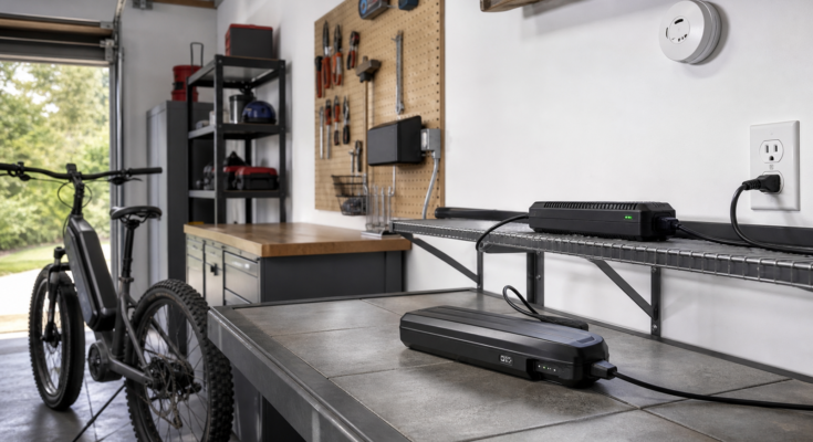 Garage e-bike charging zone with clear space and battery on a nonflammable surface Garage e-bike charging zone with clear space and battery on a nonflammable surface