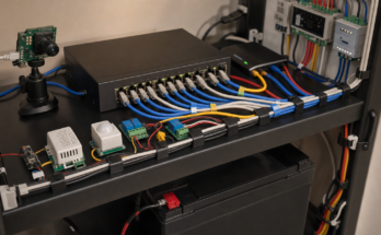 Smart-home lab network shelf with PoE switch, patch cables, camera, and sensor modules