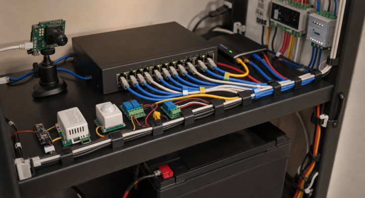 Smart-home lab network shelf with PoE switch, patch cables, camera, and sensor modules Smart-home lab network shelf with PoE switch, patch cables, camera, and sensor modules