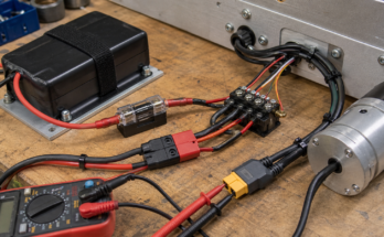 Robot power wiring bench with battery pack, fuse holder, connectors, and multimeter
