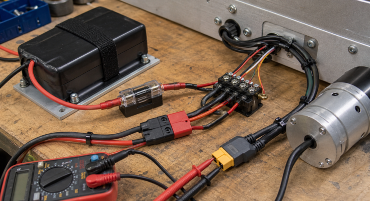 Robot power wiring bench with battery pack, fuse holder, connectors, and multimeter