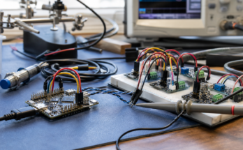 Maker robot sensor bus wiring bench with microcontroller and breakout boards
