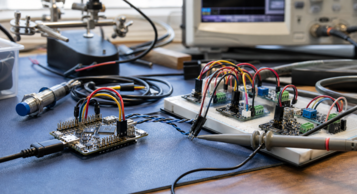 Maker robot sensor bus wiring bench with microcontroller and breakout boards Maker robot sensor bus wiring bench with microcontroller and breakout boards