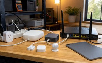 Smart home test bench with hub router smart plug and sensor modules