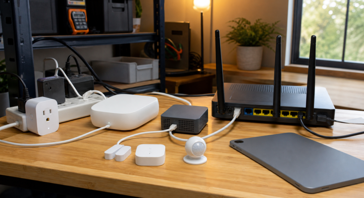 Smart home test bench with hub router smart plug and sensor modules Smart home test bench with hub router smart plug and sensor modules