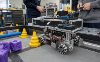 Robotics competition practice field with compact robots and pit gear