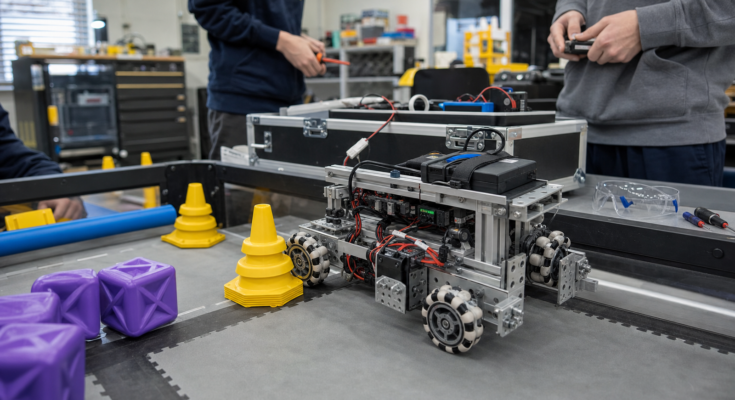 Robotics competition practice field with compact robots and pit gear Robotics competition practice field with compact robots and pit gear