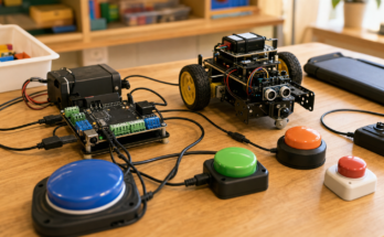 Accessible STEM control station with large switches, microcontroller board, and small robot