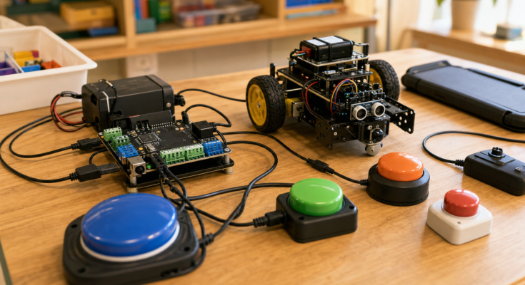 Accessible STEM control station with large switches, microcontroller board, and small robot Accessible STEM control station with large switches, microcontroller board, and small robot