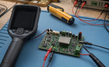 Electronics repair bench with thermal camera, IR thermometer, circuit board, and probes