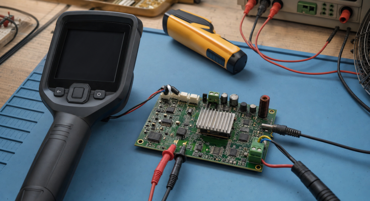 Electronics repair bench with thermal camera, IR thermometer, circuit board, and probes Electronics repair bench with thermal camera, IR thermometer, circuit board, and probes