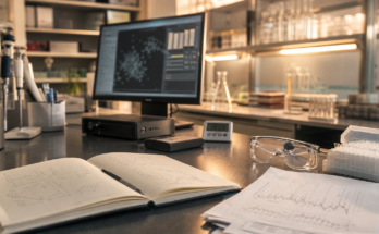 Research bench with lab notebook, plots, pipette tray, and workstation for an AI science workbench story