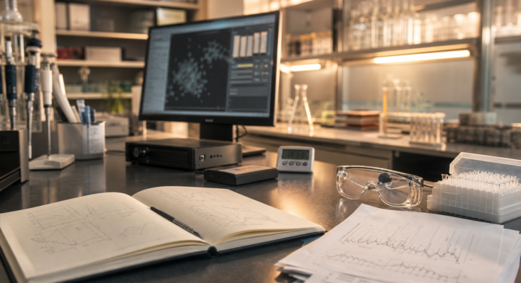 Research bench with lab notebook, plots, pipette tray, and workstation for an AI science workbench story Research bench with lab notebook, plots, pipette tray, and workstation for an AI science workbench story