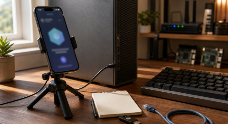 Phone supervised remote coding setup with secure pairing workflow on a warm home-lab desk Phone supervised remote coding setup with secure pairing workflow on a warm home-lab desk