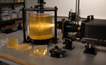 A warm lab scene with a transparent resin vat and side projection optics for volumetric 3D printing.