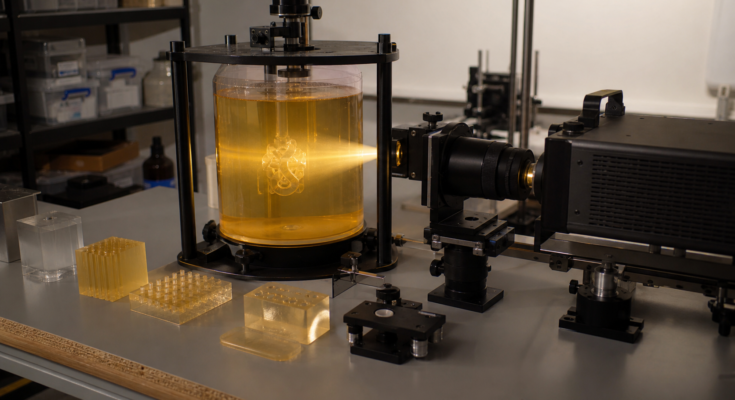 A warm lab scene with a transparent resin vat and side projection optics for volumetric 3D printing. A warm lab scene with a transparent resin vat and side projection optics for volumetric 3D printing.