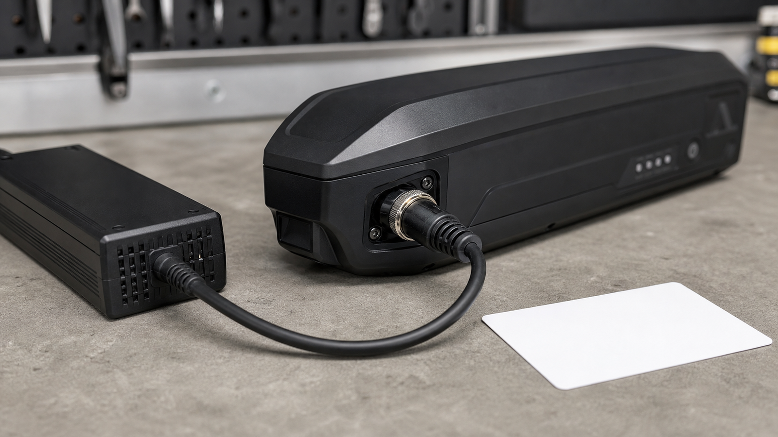 E-bike battery charger connector and inspection setup on a bench