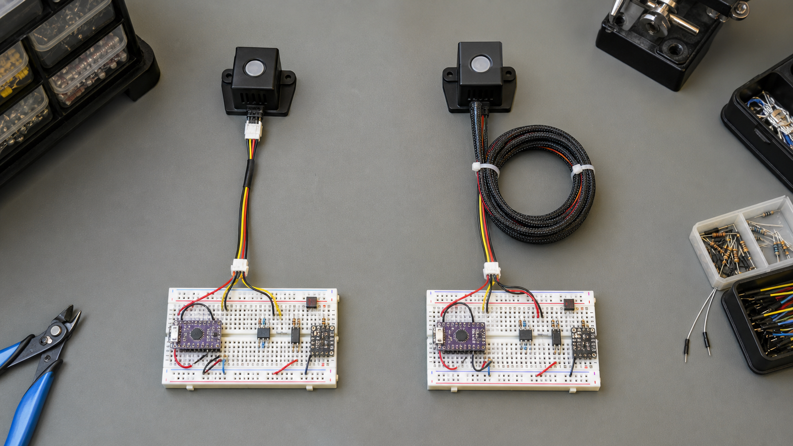 Short and long sensor wiring setups compared on a maker bench