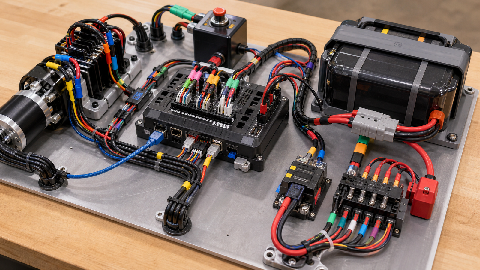 Robot control electronics laid out for inspection before a STEM robotics season