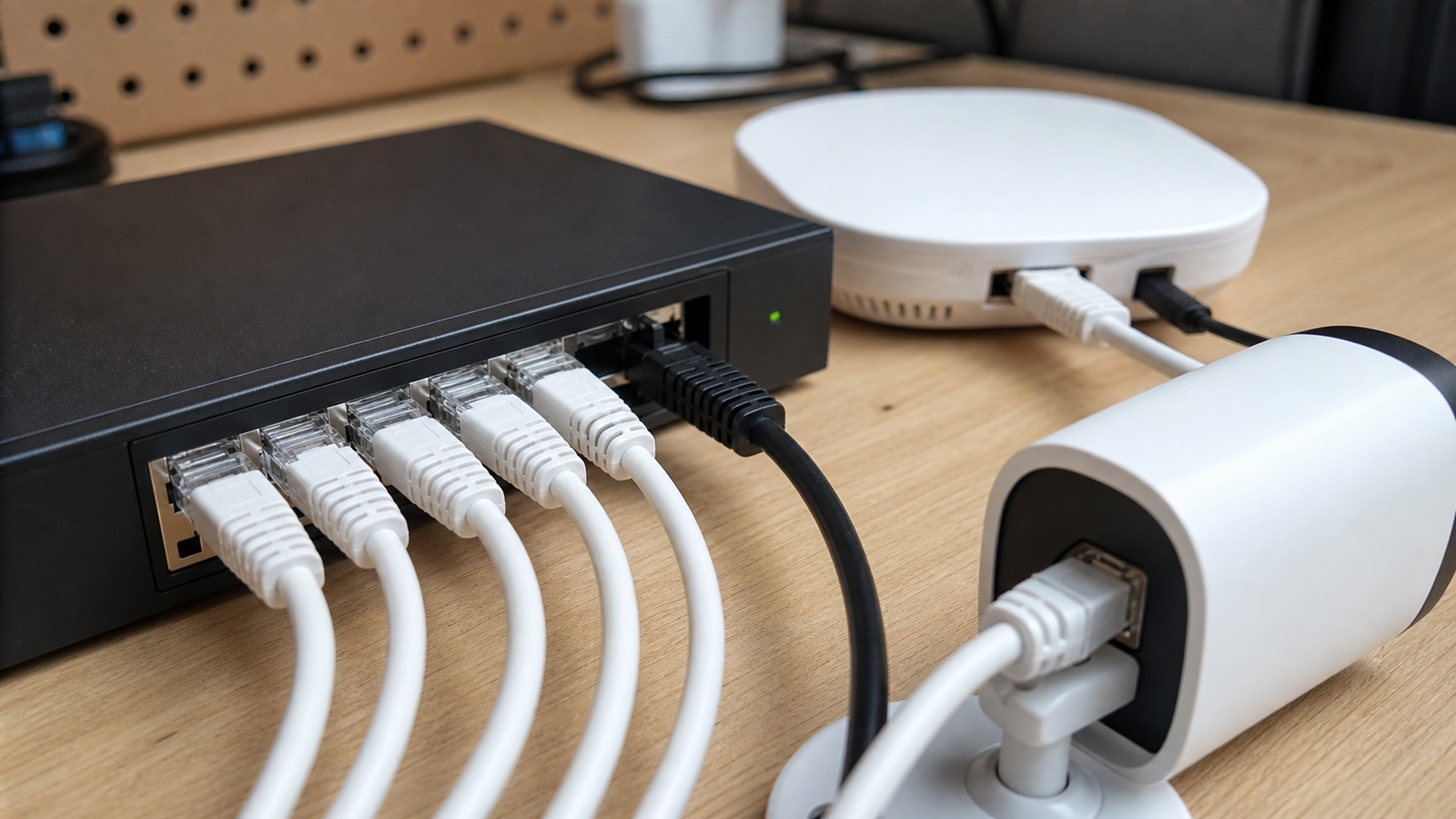 Close view of PoE switch ports feeding cameras and access points in a home lab