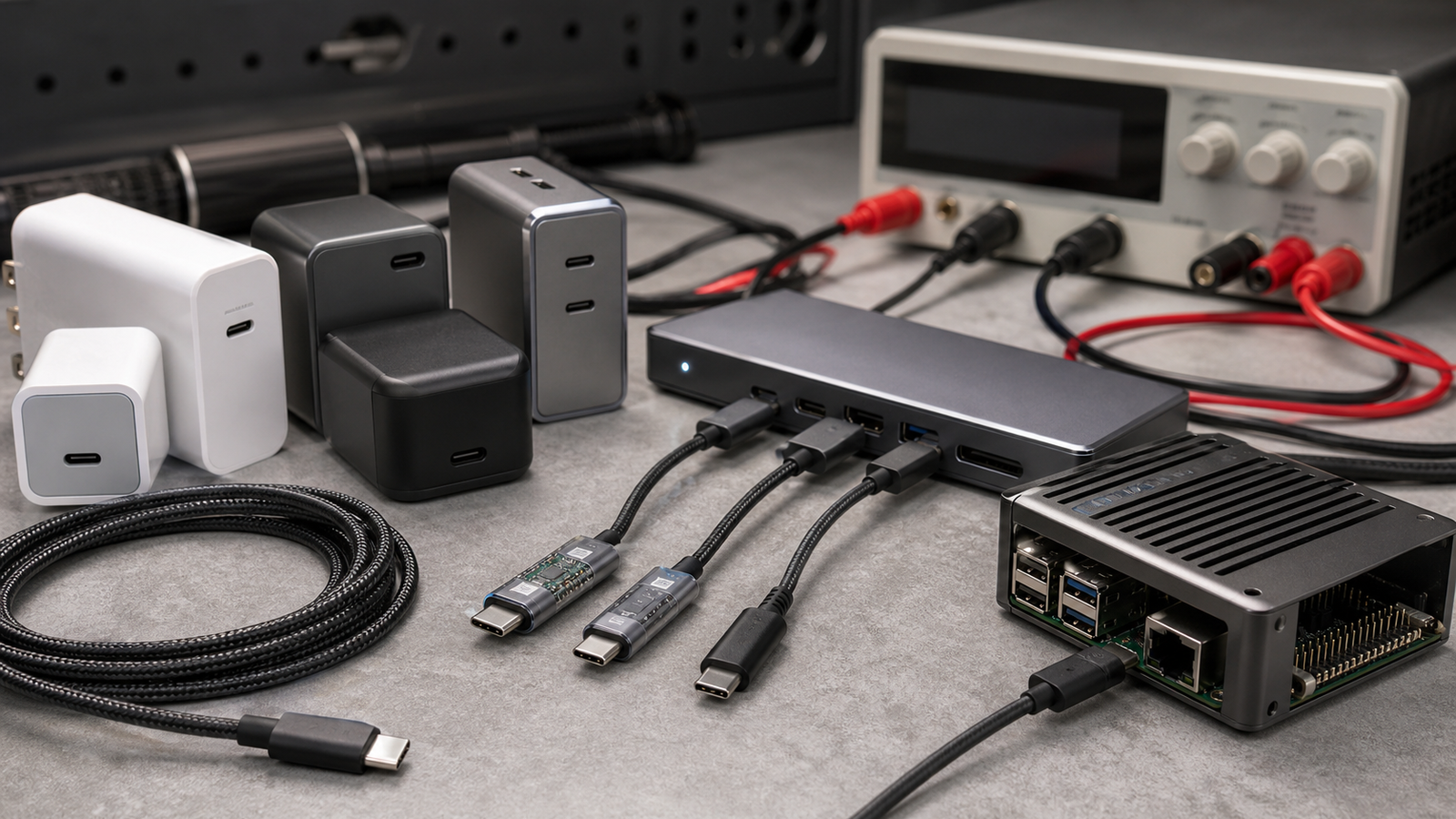 USB-C chargers cables hubs and bench supply arranged by power role