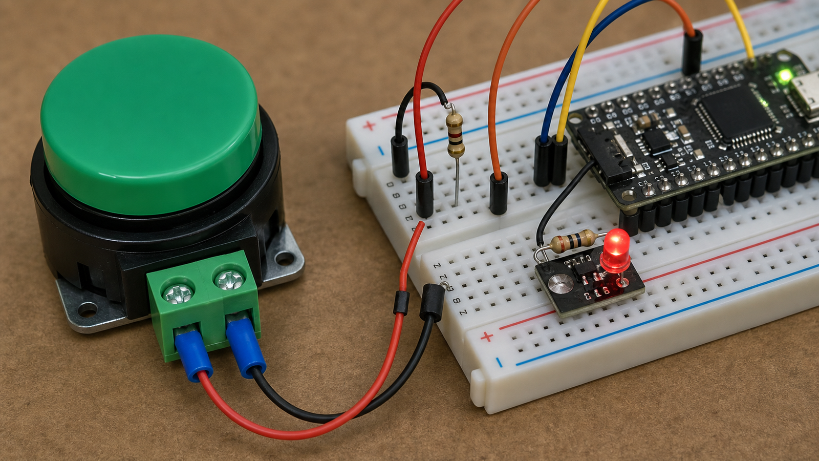 Large button switch wired to a microcontroller input with pull-up resistor setup