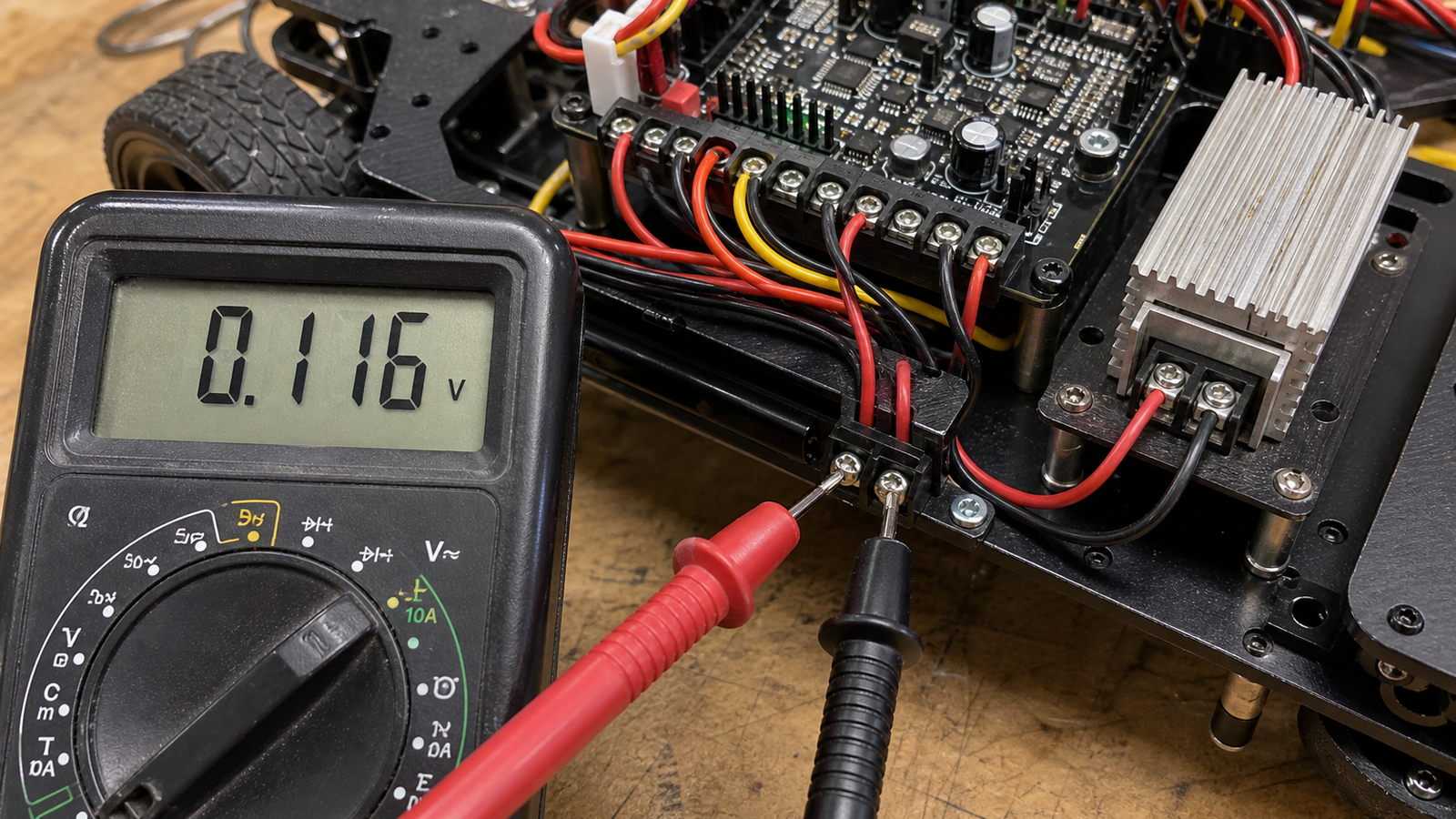 Multimeter voltage drop test on robot wiring harness under load