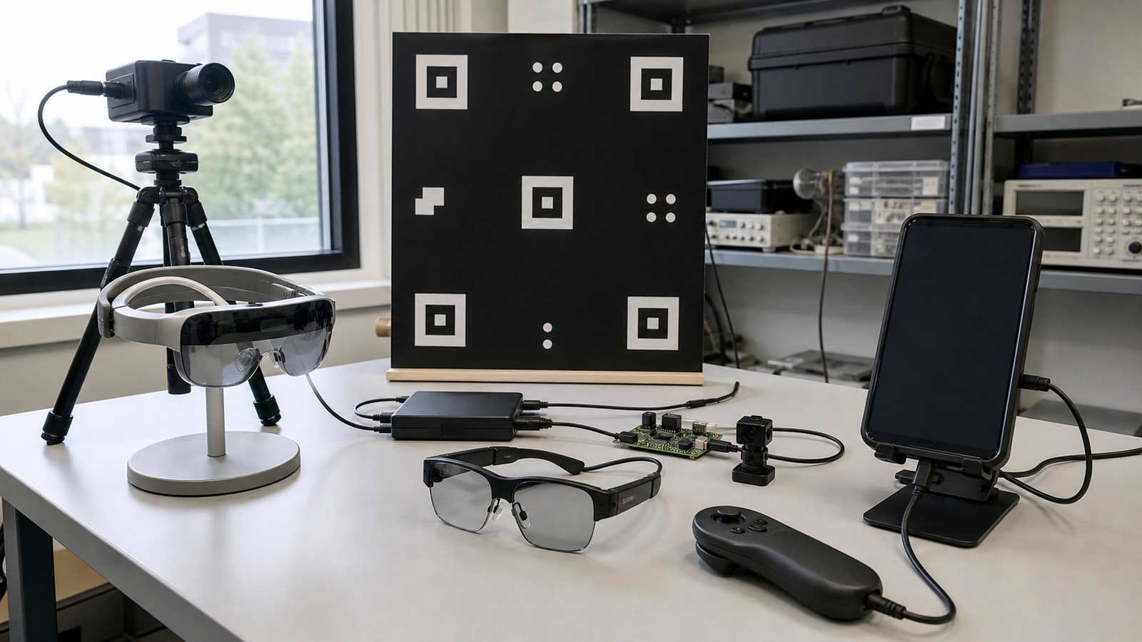 XR app testing setup with headset stand, controller, phone, and marker board