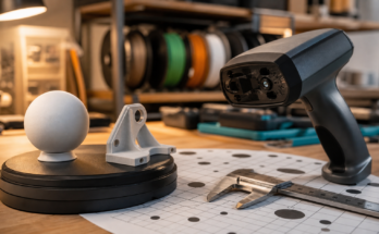 Maker workshop bench with calibration sphere, caliper, turntable, and generic 3D scanner for accuracy testing