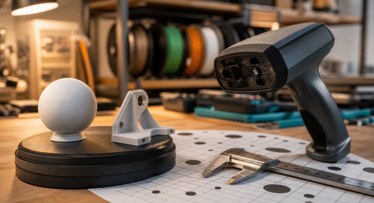 Maker workshop bench with calibration sphere, caliper, turntable, and generic 3D scanner for accuracy testing Maker workshop bench with calibration sphere, caliper, turntable, and generic 3D scanner for accuracy testing