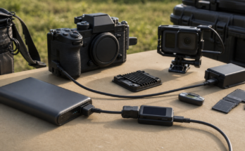 Field camera power kit with USB-C power bank, action camera cage, heat sink, and memory cards on an outdoor table