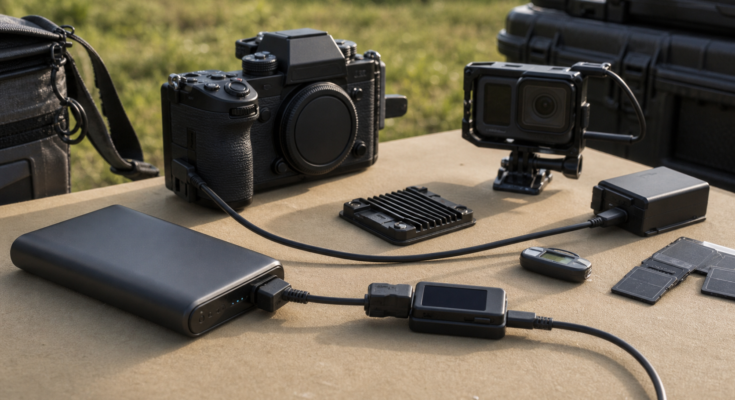 Field camera power kit with USB-C power bank, action camera cage, heat sink, and memory cards on an outdoor table Field camera power kit with USB-C power bank, action camera cage, heat sink, and memory cards on an outdoor table