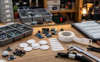 Blank NFC tags, cable labels, tools, and electronics parts arranged on a maker lab bench